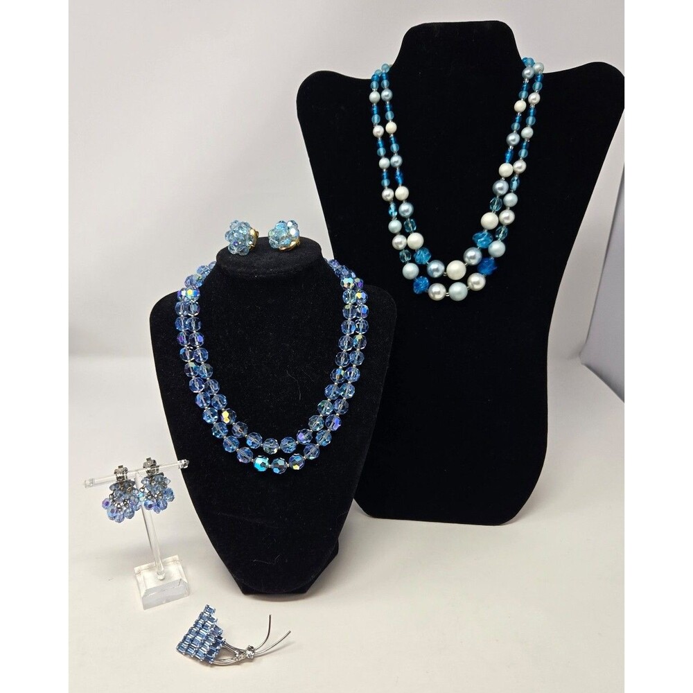 VINTAGE JEWELRY BUNDLE BLUE FACETED BEADS NECKLACE BROOCH EARRINGS JAPAN WOMEN